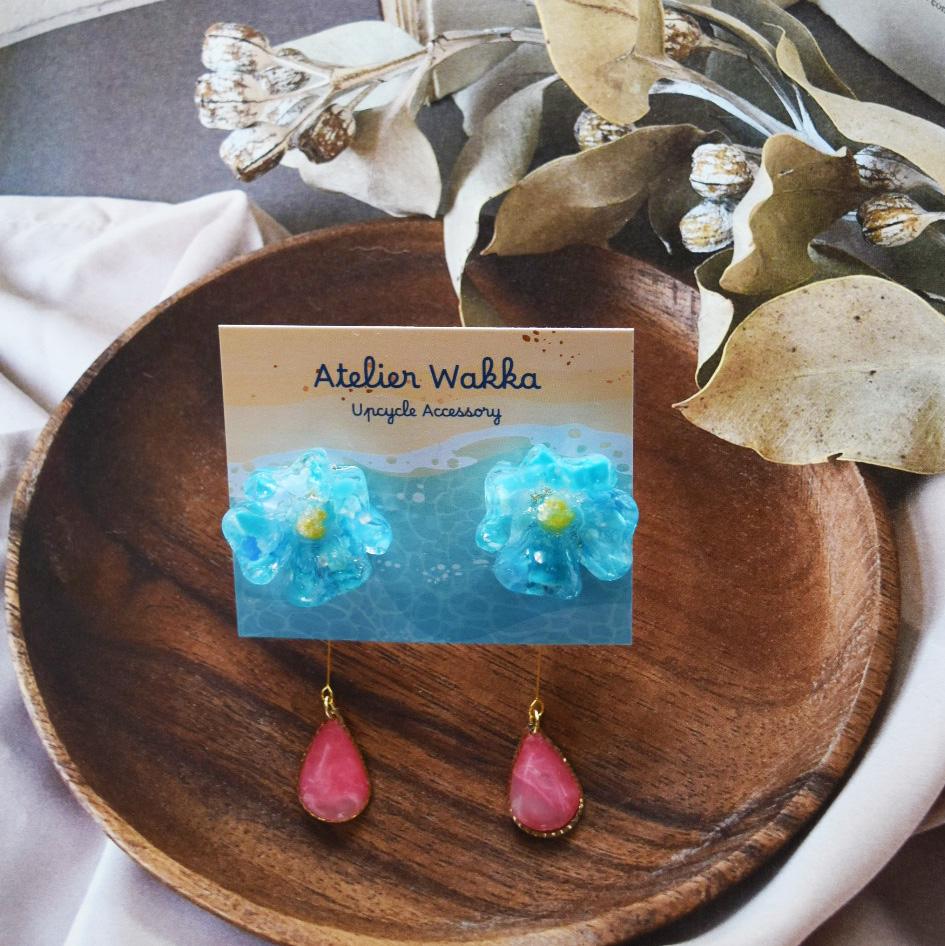 泡沫の花A　海洋プラスチック　アップサイクル　アクセサリー　ピアス　ブルー系