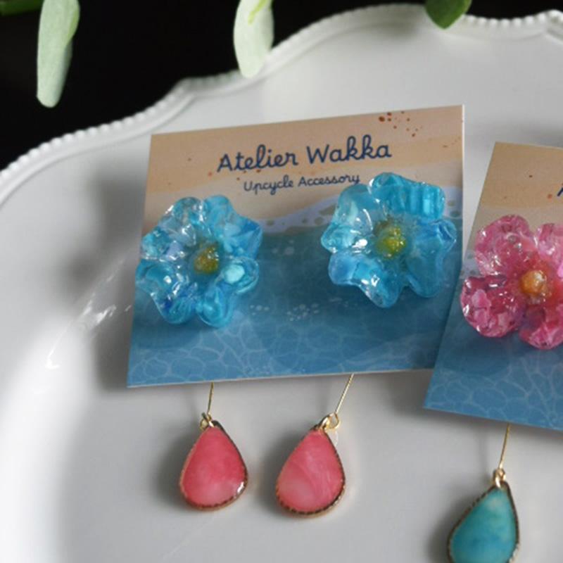 泡沫の花A 海洋プラスチック アップサイクル アクセサリー ピアス ブルー系 | 3枚目