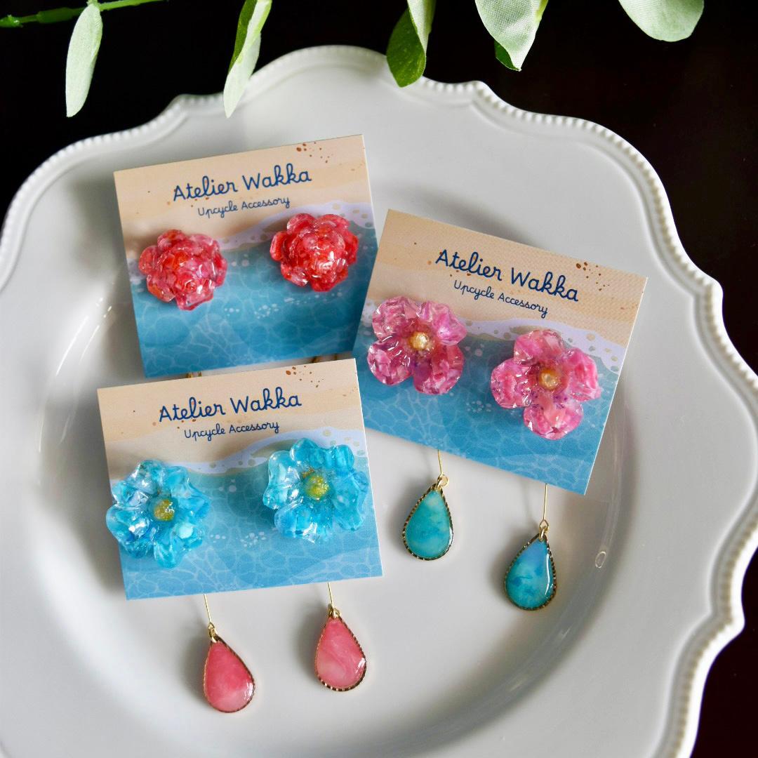 泡沫の花A 海洋プラスチック アップサイクル アクセサリー ピアス ブルー系 | 4枚目
