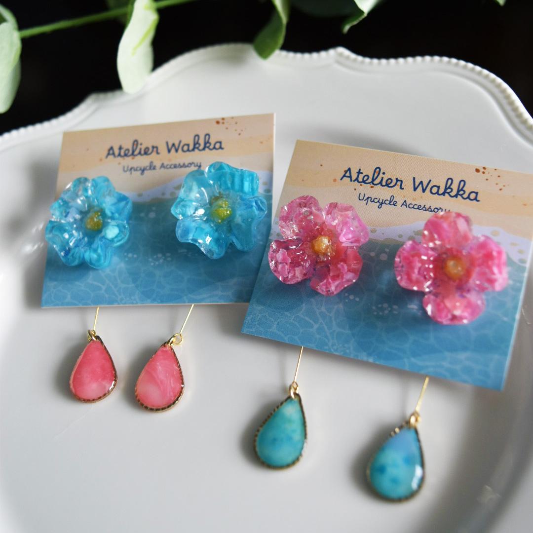 泡沫の花A 海洋プラスチック アップサイクル アクセサリー ピアス ブルー系 | 5枚目